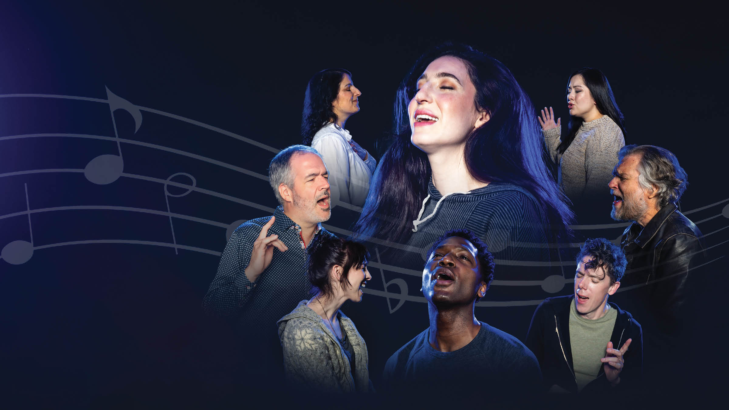 Collage of eight individuals singing with expressive faces against a dark blue background, overlaid with large musical staff lines and notes. The people are positioned at different depths and angles, creating a layered effect.