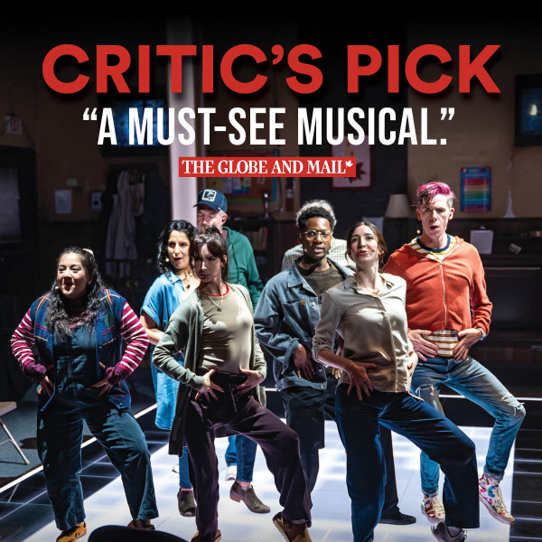 Eight people performing choreography on a lit stage, each striking a pose with one knee raised and hands on hips. They wear casual clothing in various colours and styles. Behind them, it says, 