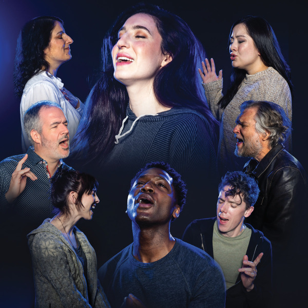 A stylized promotional image featuring eight diverse individuals, each captured mid-song or mid-expression, against a dark background with blue lighting. The central figure, a woman with long dark hair, appears joyful with her eyes closed and head slightly tilted back. The surrounding individuals show a range of emotions, including serenity, intensity, and passion, suggesting a musical or choral performance.