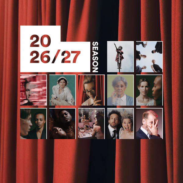 Poster for the 2026/27 season with red stage curtains in the background, large text reading “2026/27 SEASON,” and a collage of production photos from the season’s shows.