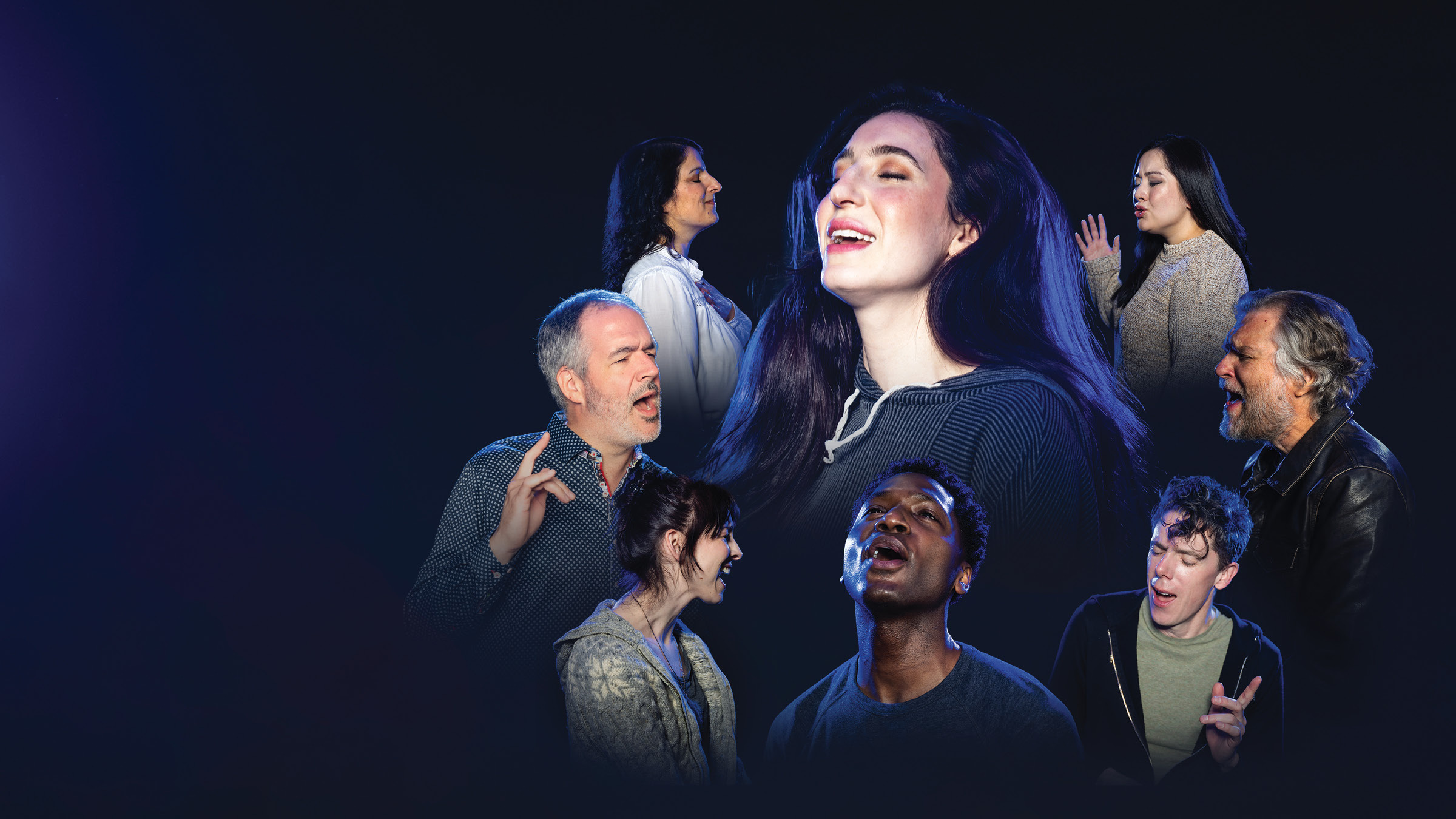 A stylized promotional image featuring eight diverse individuals, each captured mid-song or mid-expression, against a dark background with blue lighting. The central figure, a woman with long dark hair, appears joyful with her eyes closed and head slightly tilted back. The surrounding individuals show a range of emotions, including serenity, intensity, and passion, suggesting a musical or choral performance.