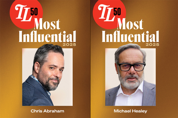 Two side-by-side portraits on a golden-brown background feature Chris Abraham on the left and Michael Healey on the right. Each portrait is framed below a title reading 