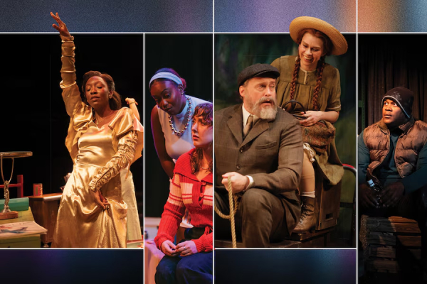 A collage of four theatrical performance scenes. From left to right: a woman in a long, shimmery gold dress raises her arm dramatically on stage; two women, one in a white top and the other in a red-and-white cardigan, sit close together in conversation; a man with a grey beard in a dark suit and cap holds a rope while a woman in a straw hat and braids smiles behind him; and a man in a dark vest and knit cap sits on a wooden crate, looking to the side with a serious expression.