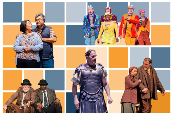 A collage of six theatrical performance scenes set against a grid of blue, orange, and beige squares. Top row: an older couple stands close, smiling at each other; a group of five performers in bright, whimsical costumes and headpieces walk forward, one wearing a shirt reading 