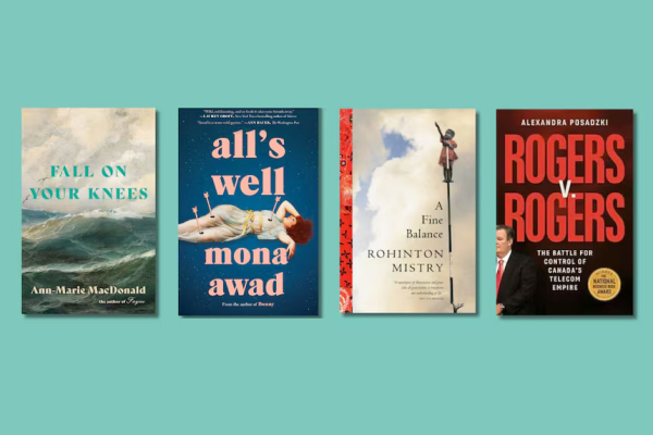 Four book covers arranged in a row on a solid teal background.