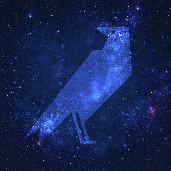 Stylized geometric silhouette of a crow, representing the logo of Crow’s Theatre, centred against a deep blue star-filled galaxy background. The crow shape is semi-transparent, allowing the cosmic texture to show through.