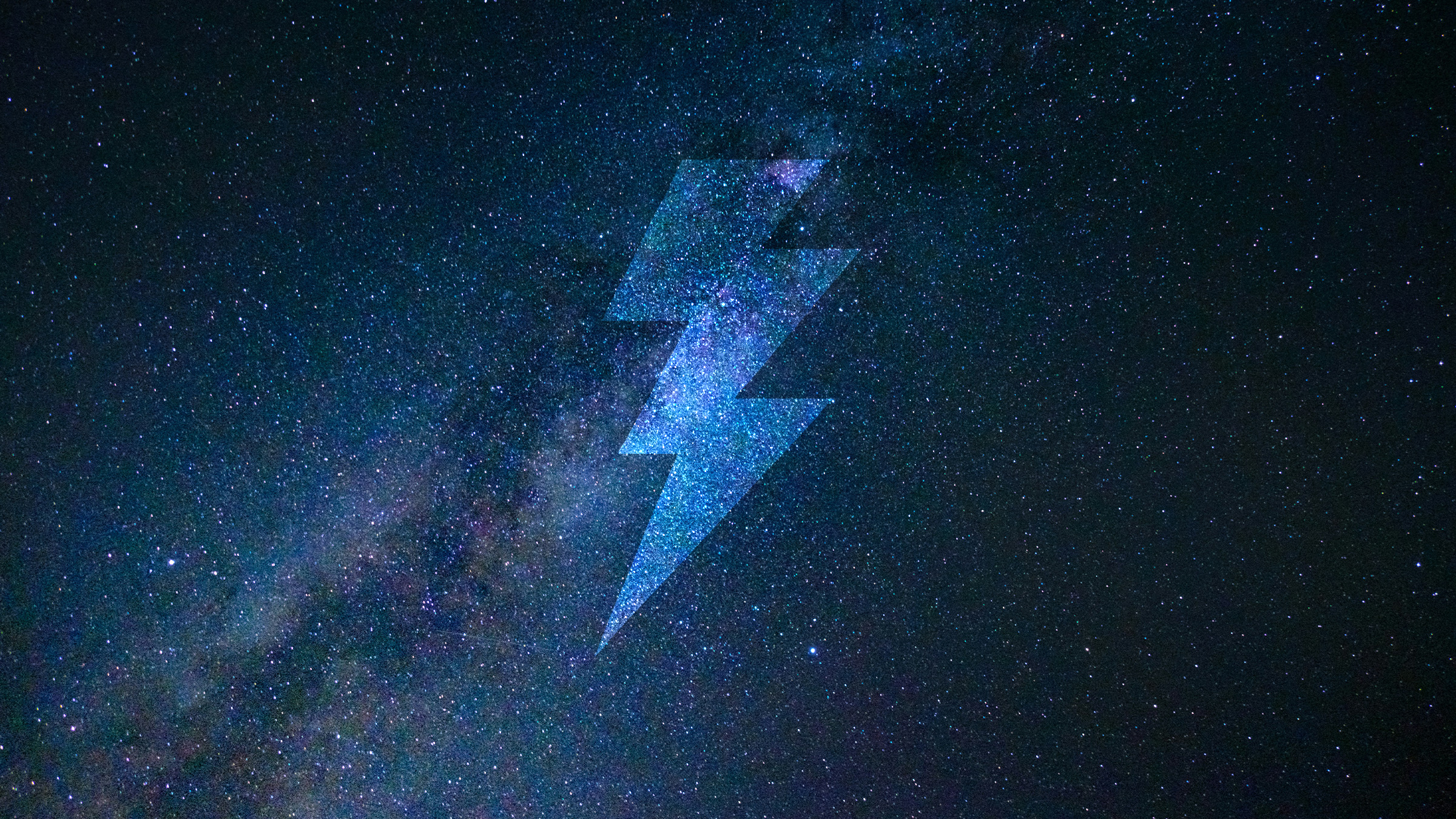 Stylized geometric silhouette of a lightning bolt centred against a deep blue star-filled galaxy background. The lightning bolt shape is semi-transparent, allowing the cosmic texture to show through.