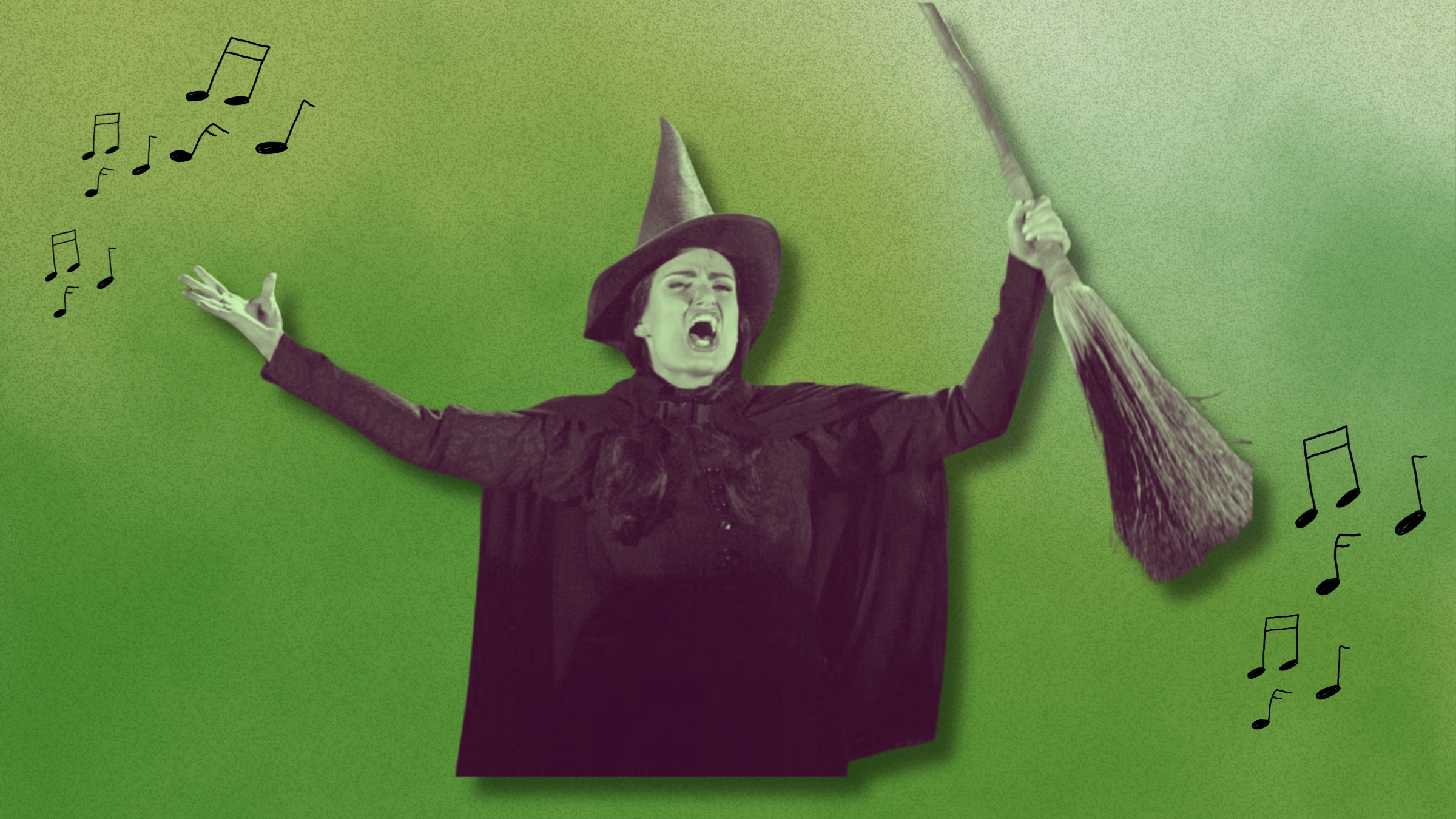 A person dressed as a green-skinned witch wearing a black pointed hat and cape stands against a green background, mouth open wide as if singing or shouting. One arm is raised holding a broomstick, while the other is extended outward. Black musical notes are illustrated around the figure, suggesting singing.