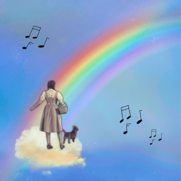 A vintage-style illustration of a woman seen from behind standing on a fluffy cloud beside a small dog, looking toward a bright rainbow arcing across a blue sky with faint stars and speckled texture. Black musical notes float in the sky on the left and right sides.