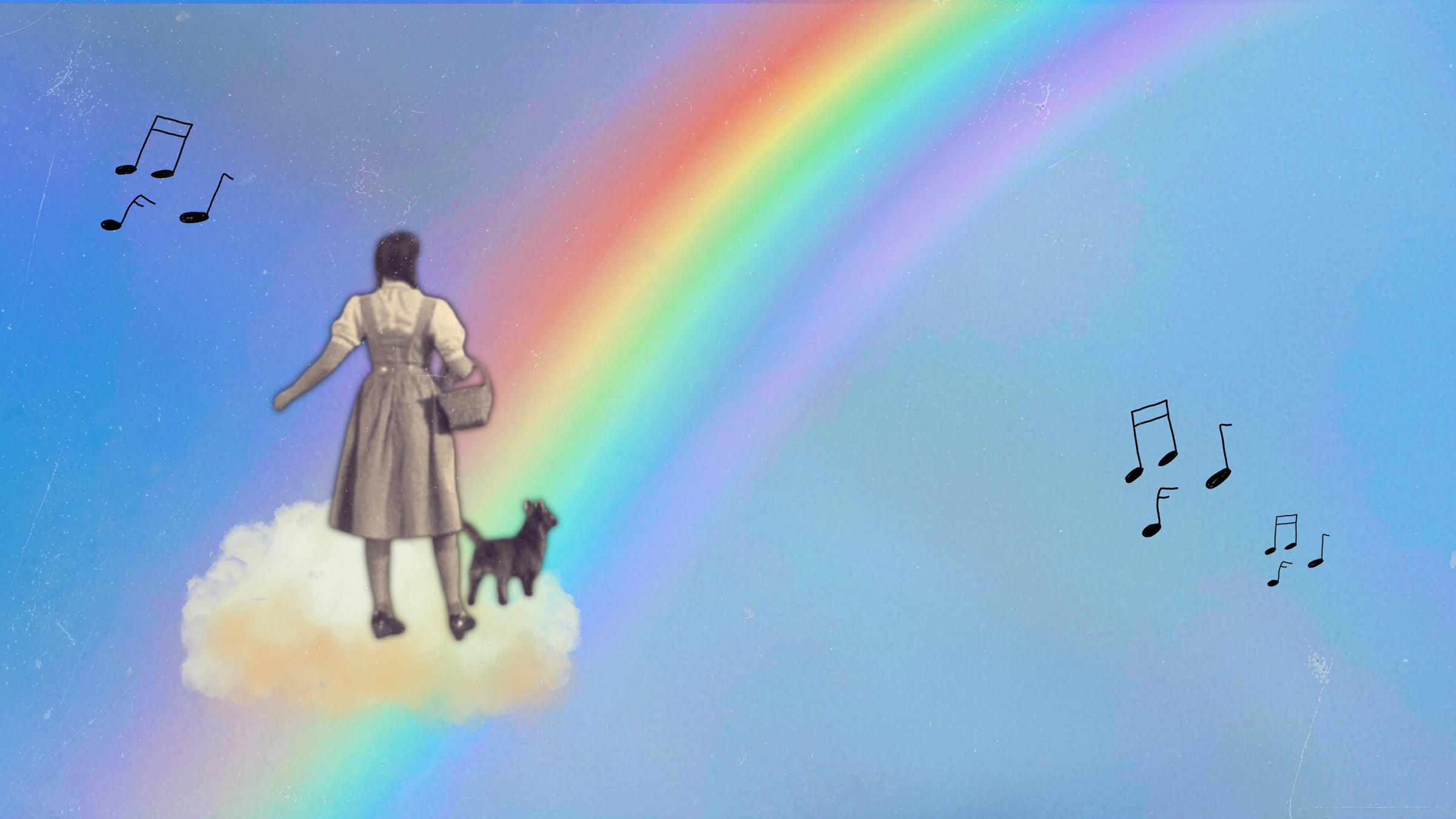 A vintage-style illustration of a woman seen from behind standing on a fluffy cloud beside a small dog, looking toward a bright rainbow arcing across a blue sky with faint stars and speckled texture. Black musical notes float in the sky on the left and right sides.