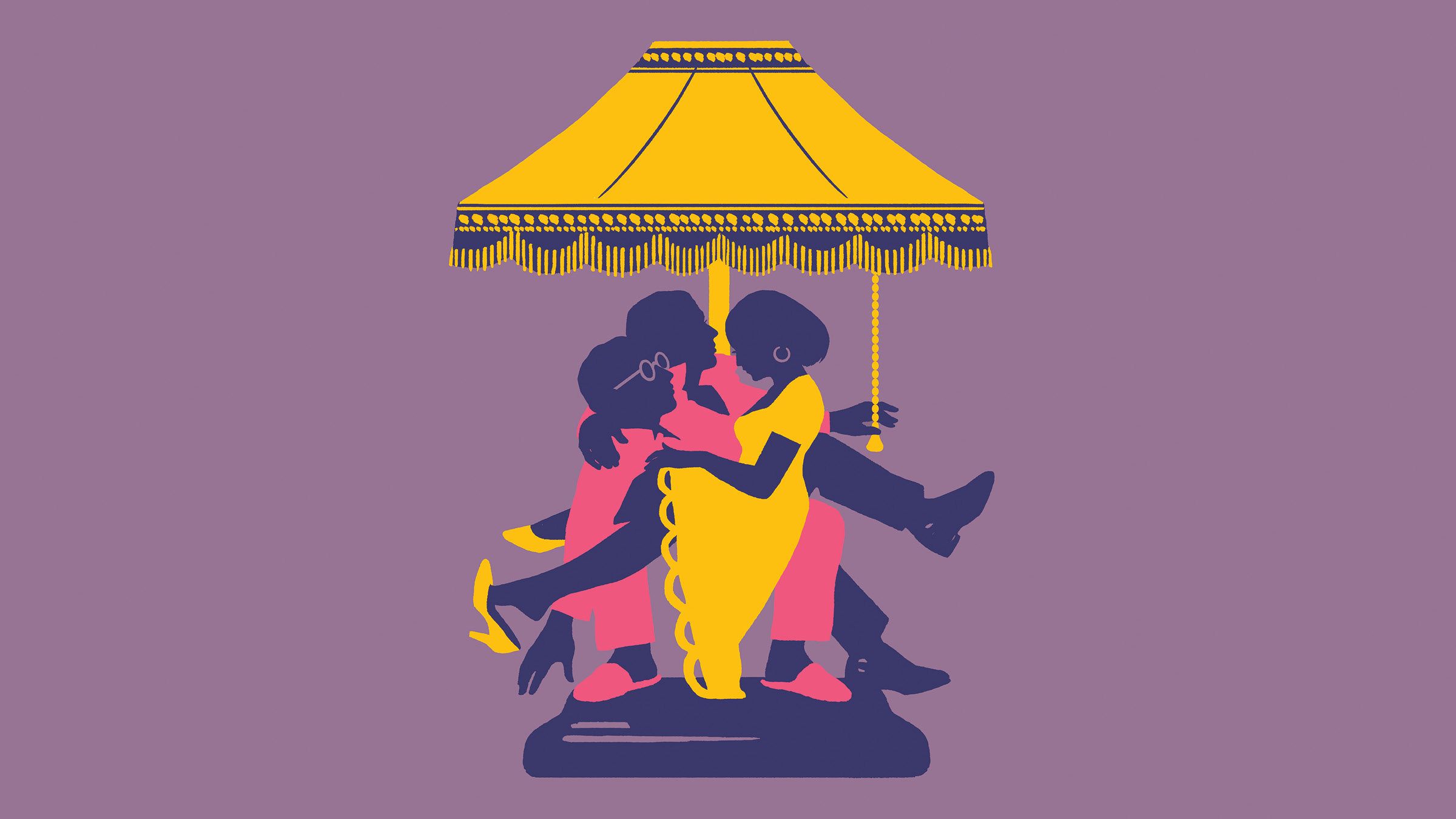 Illustration of three people seated closely together beneath a large yellow fringed lampshade on a lamp base, with overlapping arms and legs. The figures are shown in dark purple with pink and yellow clothing and accessories, including glasses, hoop earrings, heels, and boots, against a muted purple background.
